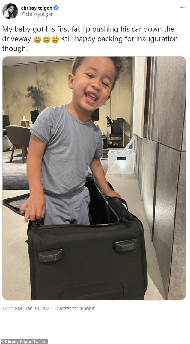 Cutie: Before she travels to DC, Chrissy decides to upload a shot of her with John's two-year-old son Miles, as they pack their trip